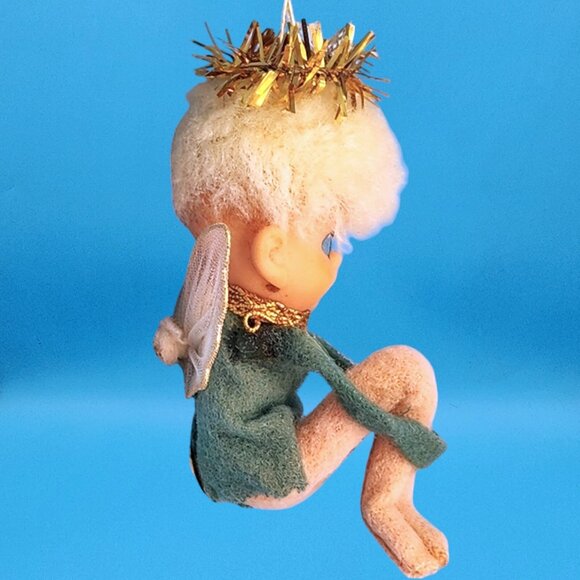 Vintage 1950s Napco Pixie Angel Knee Hugger Ornament Japan Green Felt Gold Halo - Picture 6 of 10